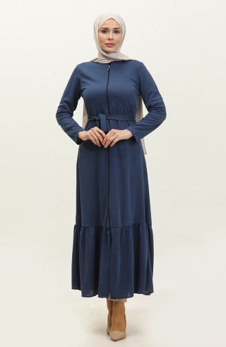 Abaya Ceinturée Jupe Plissée 0703-08 İndigo 0703-08