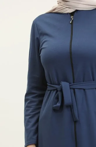 Shirred Hem Belted Abaya 0703-08 İndigo 0703-08