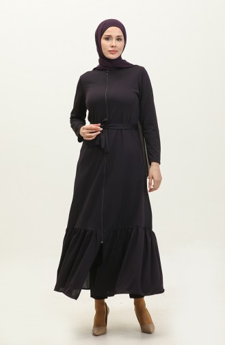 Belted Abaya With Gathered Hem 0703-09 Purple 0703-09