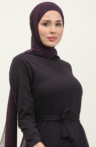 Belted Abaya With Gathered Hem 0703-09 Purple 0703-09