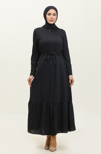 Shirred Hem Belted Abaya 0703-10 Navy Blue 0703-10