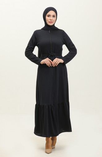 Shirred Hem Belted Abaya 0703-10 Navy Blue 0703-10