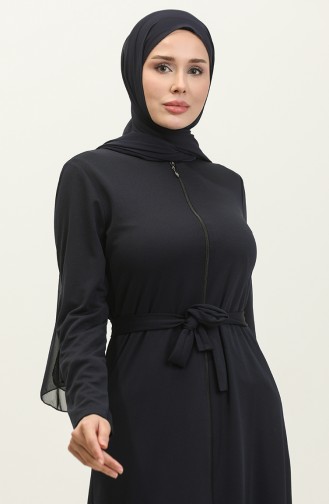 Shirred Hem Belted Abaya 0703-10 Navy Blue 0703-10