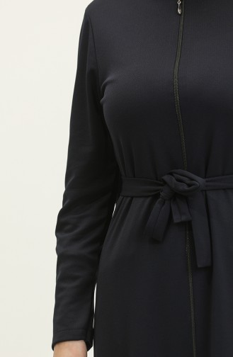 Shirred Hem Belted Abaya 0703-10 Navy Blue 0703-10