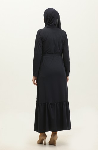 Shirred Hem Belted Abaya 0703-10 Navy Blue 0703-10