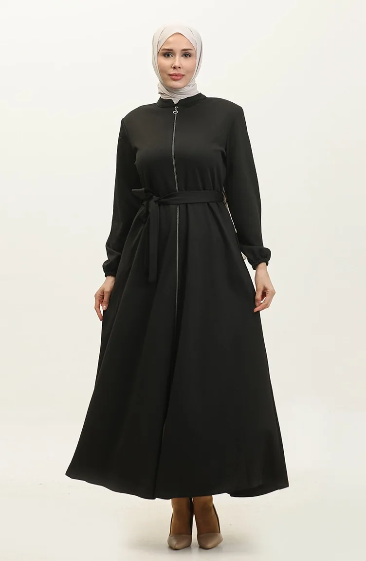 Große Atlas-Stoff-Abaya Mit Reißverschluss 4259-06 Schwarz 4259-06