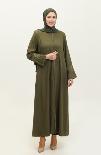 Geborduurde Verborgen Ritssluiting Abaya Kaki 2521.HAKİ