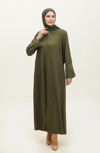 Gestickter Versteckter Reißverschluss Abaya Khaki 2521.HAKİ