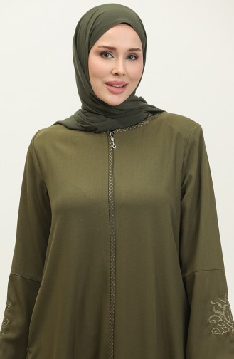 Gestickter Versteckter Reißverschluss Abaya Khaki 2521.HAKİ