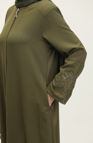 Gestickter Versteckter Reißverschluss Abaya Khaki 2521.HAKİ