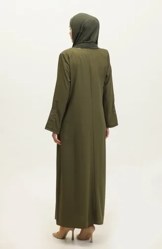 Abaya Fermeture Éclair Cachée Brodée Kaki 2521.HAKİ