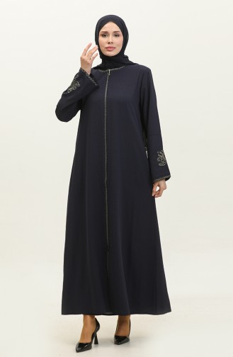 Gestickter Abaya Mit Verstecktem Reißverschluss Marineblau 2521.LACİVERT