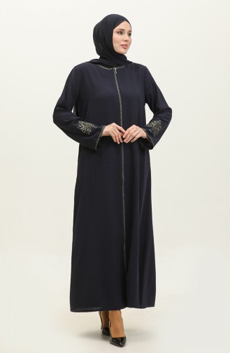 Embroidered Hidden Zipper Abaya Navy Blue 2521.LACİVERT