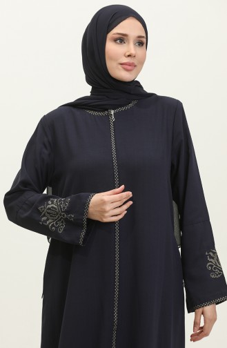 Embroidered Hidden Zipper Abaya Navy Blue 2521.LACİVERT