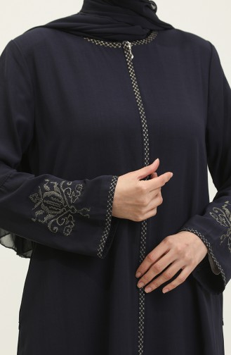 Embroidered Hidden Zipper Abaya Navy Blue 2521.LACİVERT