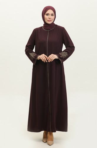 Gestickter Abaya Mit Verstecktem Reißverschluss Pflaume 2521.MÜRDÜM