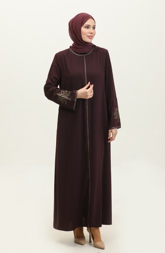 Abaya Prune Fermeture Éclair Cachée Brodée 2521.MÜRDÜM