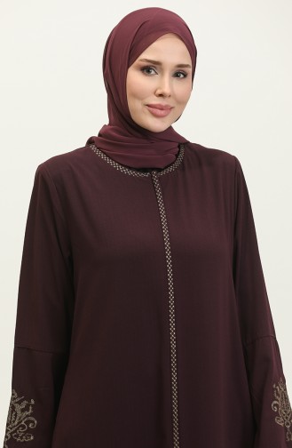 Gestickter Abaya Mit Verstecktem Reißverschluss Pflaume 2521.MÜRDÜM