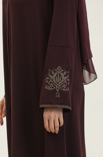 Abaya Prune Fermeture Éclair Cachée Brodée 2521.MÜRDÜM