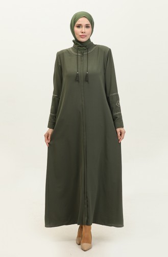 Abaya D`été En Lin Avec Broderie Aux Manches Et Au Col Kaki 6032.Haki