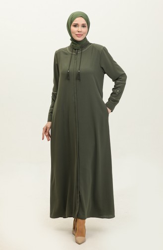Abaya D`été En Lin Avec Broderie Aux Manches Et Au Col Kaki 6032.Haki