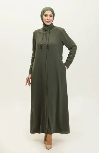 Abaya D`été En Lin Avec Broderie Aux Manches Et Au Col Kaki 6032.Haki