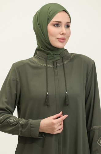 Sommerliche Abaya Aus Leinen Mit Ärmel- Und Kragenstickerei In Khaki 6032.Haki