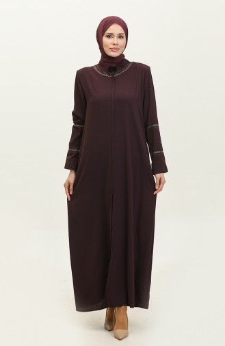 Summer Linen Abaya With Sleeve And Collar Embroidery Plum 6032.Mürdüm