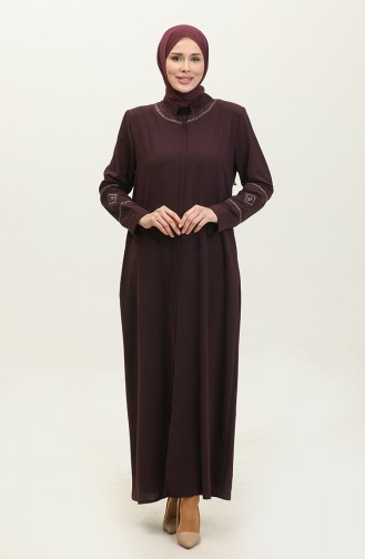 Summer Linen Abaya With Sleeve And Collar Embroidery Plum 6032.Mürdüm