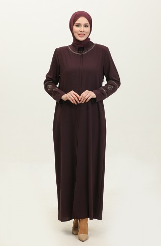 Abaya D`été En Lin Avec Broderie Sur Les Manches Et Le Col Prune 6032.Mürdüm