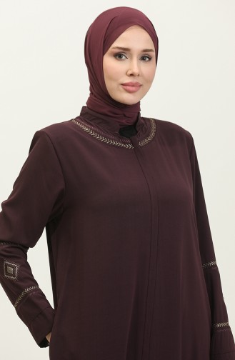 Summer Linen Abaya With Sleeve And Collar Embroidery Plum 6032.Mürdüm