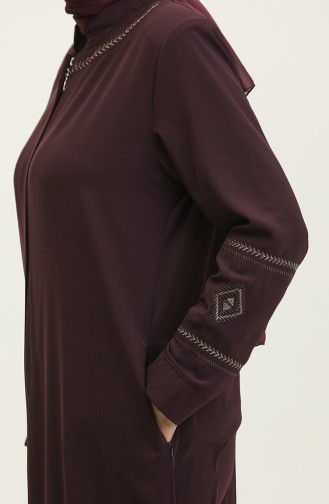 Summer Linen Abaya With Sleeve And Collar Embroidery Plum 6032.Mürdüm