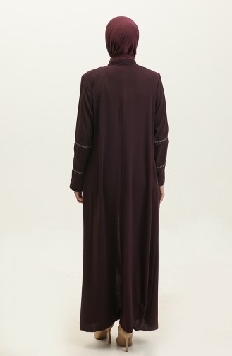 Summer Linen Abaya With Sleeve And Collar Embroidery Plum 6032.Mürdüm