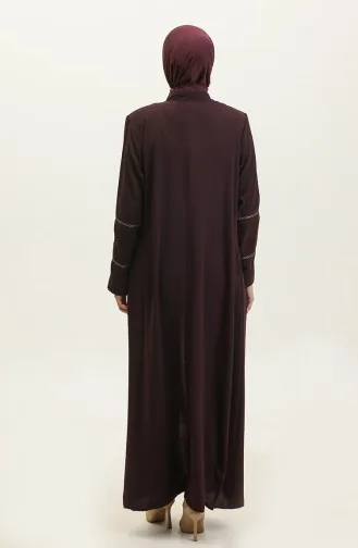 Abaya D`été En Lin Avec Broderie Sur Les Manches Et Le Col Prune 6032.Mürdüm