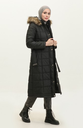 Manteau Matelassé à Capuche En Fourrure 15165A-01 Noir 15165A-01