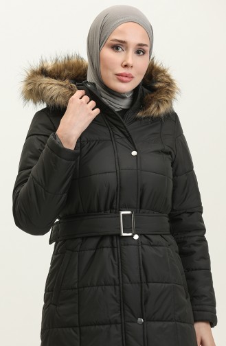 Manteau Matelassé à Capuche En Fourrure 15165A-01 Noir 15165A-01