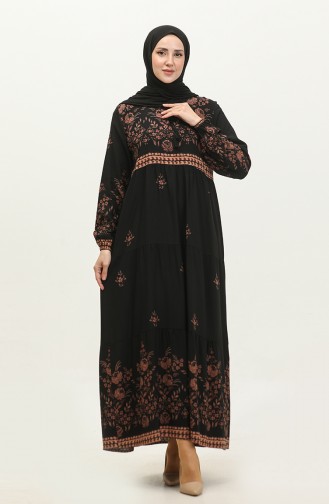 Large Size Floral Patterned Viscose Dress 4084-03 Black 4084-03