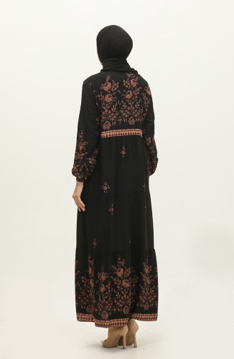 Büyük Beden Çiçek Desenli Viskon Elbise 4084-03 Siyah