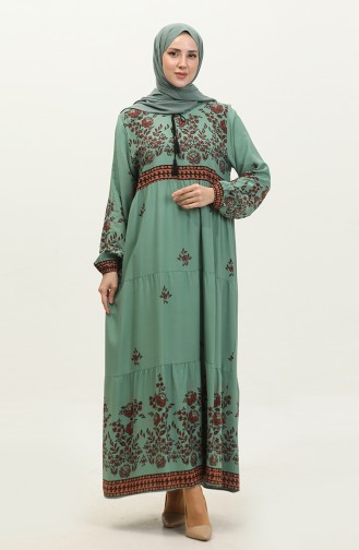 Large Size Floral Patterned Viscose Dress 4084-04 Çağla Green 4084-04