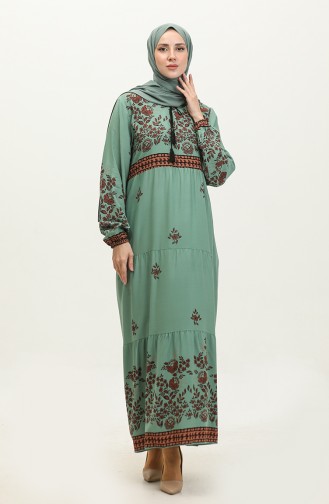 Large Size Floral Patterned Viscose Dress 4084-04 Çağla Green 4084-04