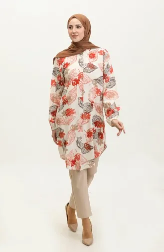Large Size Leaf Patterned Viscose Tunic 3022-01 Beige Brick 3022-01