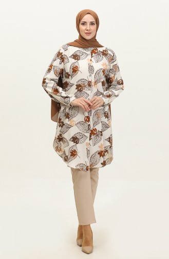 Tunique Viscose à Motifs Feuilles Grande Taille 3022-02 Beige Marron 3022-02