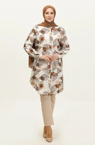 Tunique Viscose à Motifs Feuilles Grande Taille 3022-02 Beige Marron 3022-02