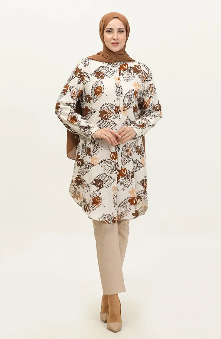 Tunique Viscose à Motifs Feuilles Grande Taille 3022-02 Beige Marron 3022-02
