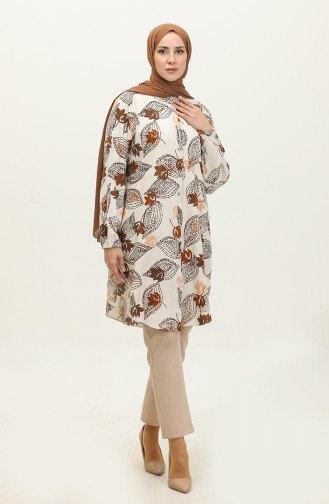 Tunique Viscose à Motifs Feuilles Grande Taille 3022-02 Beige Marron 3022-02