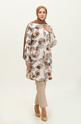 Large Size Leaf Patterned Viscose Tunic 3022-02 Beige Brown 3022-02