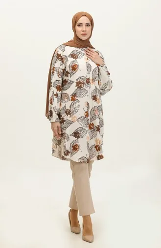 Tunique Viscose à Motifs Feuilles Grande Taille 3022-02 Beige Marron 3022-02