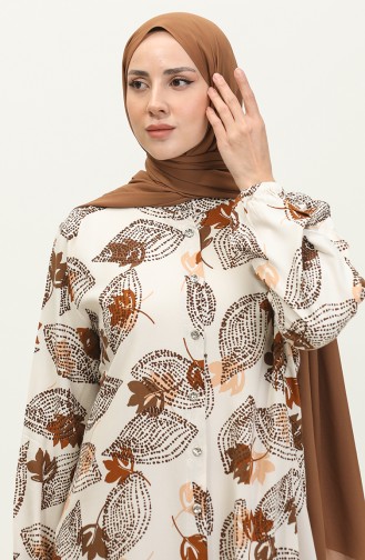 Large Size Leaf Patterned Viscose Tunic 3022-02 Beige Brown 3022-02