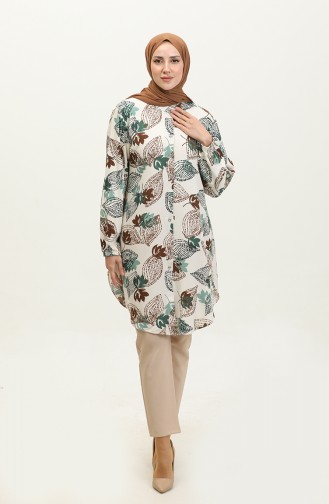 Large Size Leaf Patterned Viscose Tunic 3022-05 Beige Green 3022-05