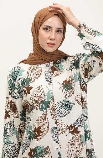 Large Size Leaf Patterned Viscose Tunic 3022-05 Beige Green 3022-05